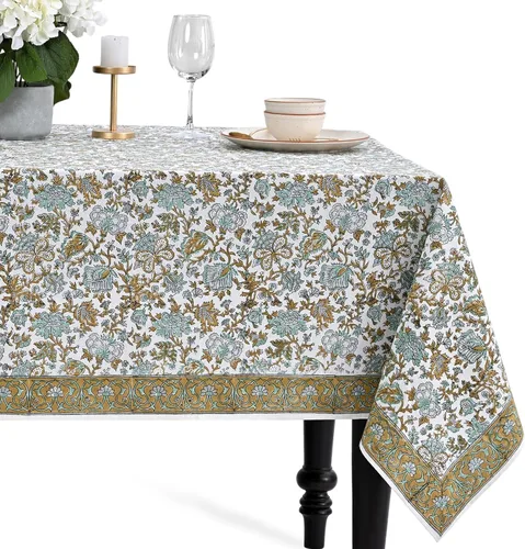Miniatura 37 de CPC - Mantel cuadrado 100% algodón, 60 x 60 pulgadas, estampado de bloques indios, mantel para bodas, primavera/verano, barbacoa, verde ágata
