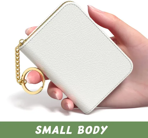 Miniatura 2 de Tarjetero de crédito para mujer, pequeña cartera RFID delgada de cuero organizador de tarjetas de visita con cremallera y llavero, color blanco
