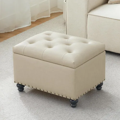 Miniatura 5 de Zihanhome Otomana de cuero con almacenamiento, reposapiés otomano tapizado con botones, taburetes para pies, otomanas rectangulares de 24 pulgadas