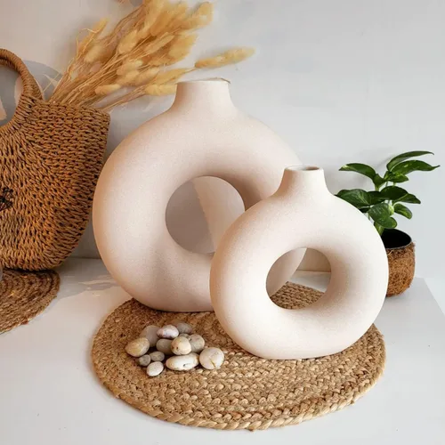 Miniatura 6 de Jarrones de cerámica para decoración del hogar, juego de 2 jarrones de dona, jarrones modernos, jarrones blancos para estantería, repisa, mesa