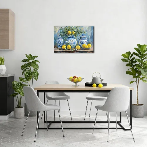 Miniatura 7 de SWQYLB Arte de pared de limón para cocina, cuadro vintage de frutas cítricas, impresiones en lienzo amarillo limón con cerámica azul, pintura