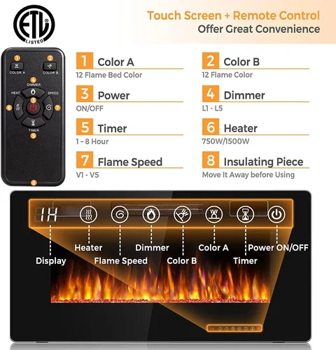 Miniatura 4 de MAT EXPERT Chimenea eléctrica empotrable de 36 pulgadas, calentador eléctrico de montaje en pared y pared, chimenea eléctrica de 750 W/1500 W