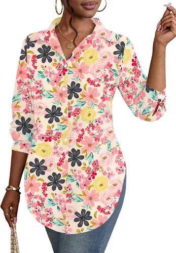 Miniatura 19 de Rooscier Blusa larga con cuello en V para mujer, manga larga, abertura lateral, con botones