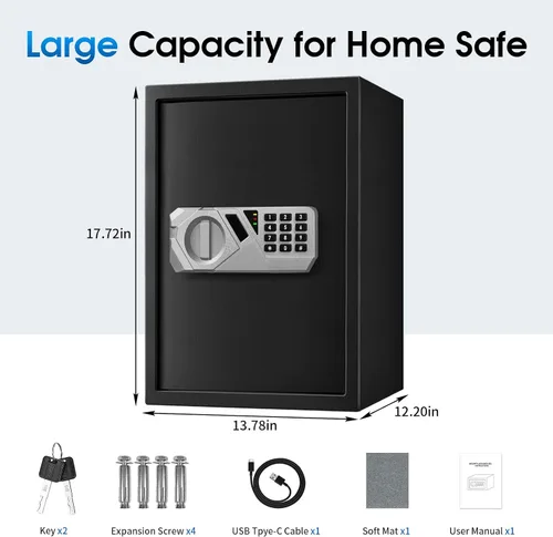 Miniatura 8 de 2.2 pies cúbicos Caja fuerte ignífuga para el hogar - Teclado electrónico digital, caja de seguridad de acero con cerradura de combinación y estante