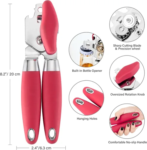 Miniatura 2 de TJ POP - Abrelatas manual, abrelatas de mano resistente, borde liso, perilla de fácil giro, con abrebotellas, accesorios de cocina, color rojo