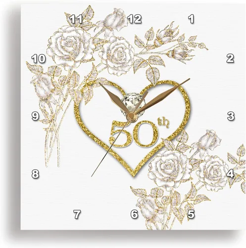 3dRose 50º aniversario de bodas de oro en oro sintético con purpurina en corazón sobre blanco, reloj de pared de 13 x 13 pulgadas
