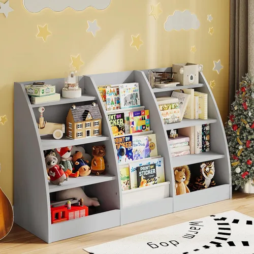 Miniatura 9 de Estantería para niños de 4 niveles, estante de 4 capas para habitaciones de niños, estantería de madera XXL para niños, estante de almacenamiento