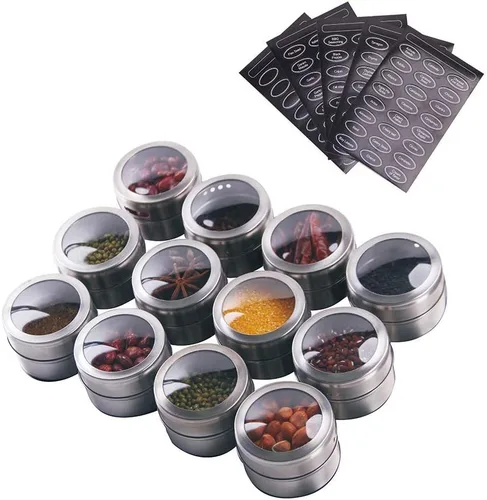 12 potentes latas magnéticas para especias: recipientes de almacenamiento de especias de acero inoxidable, tarros de especias de cocina con tapa 12