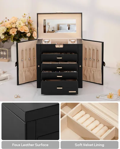 Miniatura 6 de Homde Regalos de Navidad de cuero sintético, enorme joyero, organizador de reloj con espejo, collar, anillo y aretes, estuche de regalo con Dorado