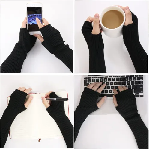 Miniatura 7 de Facecozy Calentadores de brazos para mujer, mezcla de lana de cachemira, guantes largos sin dedos para mujer, guantes para clima frío con agujero