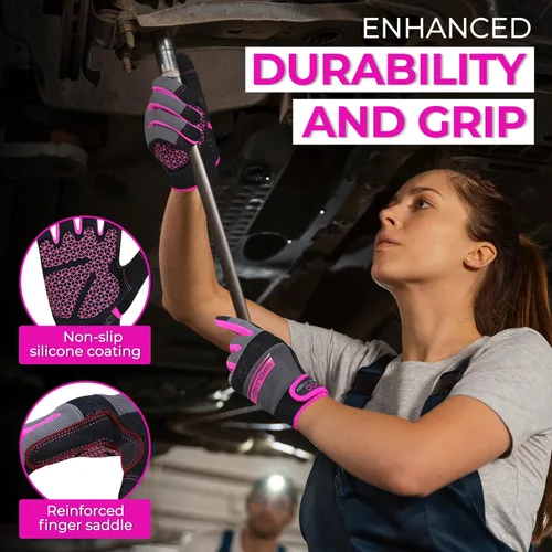 Miniatura 2 de HANDLANDY Work Gloves for Women, Breathable Leather Gardening Glove for Yard Maintenance, Hand Protection with Touch Screen Rosa fuerte
