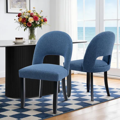 Miniatura 12 de Juego de 2 sillas de comedor de madera, modernas sillas de comedor tapizadas para cocina con tela de lino y respaldo abierto, patas de madera