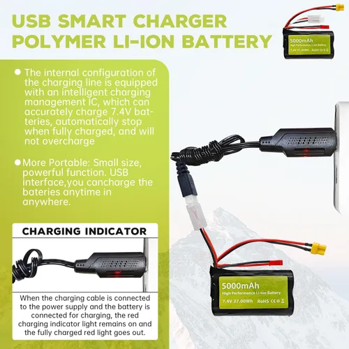 Miniatura 4 de sea jump Batería de iones de litio de 7.4V 5000mAh 2S con enchufe JST y enchufe XT30 con cable de carga USB adecuado para TX16S, TX18S, RC4GS