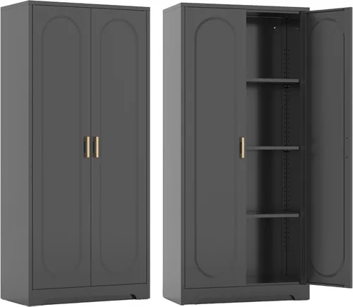 SteeLoong - Gabinetes de almacenamiento de cocina de metal, armario de despensa de 60" con puertas y 4 estantes ajustables, armario alto negro para