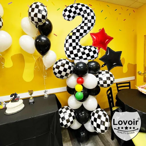 Miniatura 3 de Lovoir Globos gigantes de 40 pulgadas con temática de autos de carreras con el número 3, color negro y blanco para decoración de fiesta de tercer