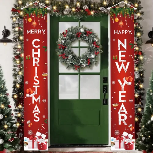 KatchOn, Cartel de Feliz Navidad – 72 x 12 pulgadas, paquete de 2 | Cartel de Feliz Año Nuevo para decoraciones de Año Nuevo 2025 | Cartel de puerta