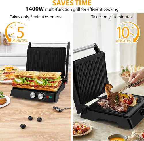 Miniatura 4 de SUSTEAS Panini Press Sandwichera y parrilla eléctrica para interiores con ajuste de temperatura y tiempo, rejillas antiadherentes fáciles