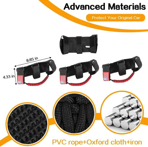 Miniatura 7 de 4 asas de agarre de barra antivuelco con paracord Compatibles con 1955-2023 Jeep Wrangler YJ TJ JK JKU JL JLU & Gladiator JT, Negro & Rojo, Bandera