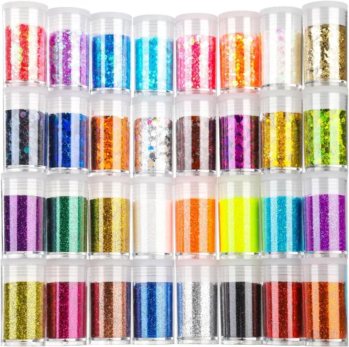 Miniatura 9 de Teenitor - Mezcla de purpurina gruesa y fina para festivales, 32 colores, lentejuelas gruesas, copos iridiscentes de purpurina, cosméticos