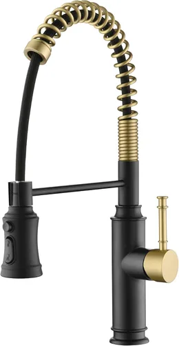 Sumerain Grifo de fregadero de cocina con rociador de resorte extraíble con boquilla giratoria de 360° y mango de un solo nivel, negro y dorado