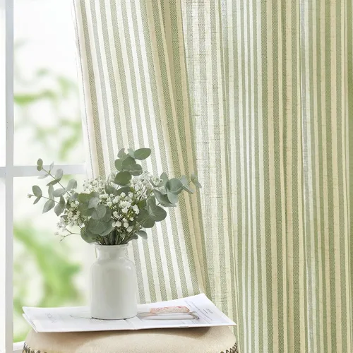 JINCHAN Cortinas de lino para sala de estar o dormitorio, con estampado a rayas verde salvia sobre beige, rayas delgadas que filtran la luz, estilo