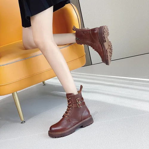 Miniatura 4 de Botines de cuero para mujer, con cordones, tacón bajo