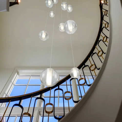 Miniatura 7 de Lámpara de escalera de 14 luces para techo alto, lámpara colgante de cristal moderna ajustable en forma de gota de lluvia, gran luz larga para Dosel
