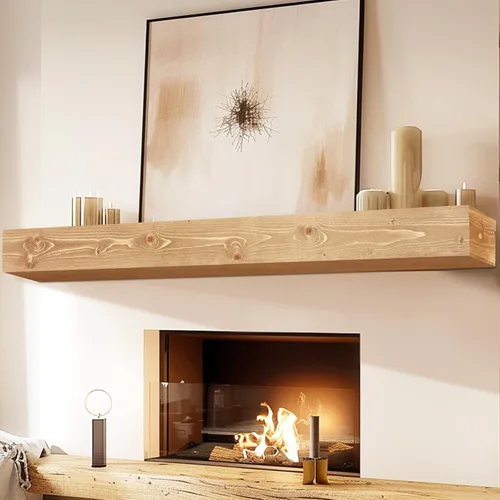 Miniatura 48 de Repisa de chimenea de 48 pulgadas, madera maciza rústica hecha a mano de 3 pulgadas de grosor, estante flotante largo de pared con soporte de metal