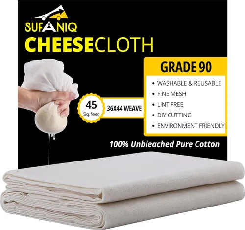 Miniatura 12 de Sufaniq Estameña de grado 90 de 63 pies cuadrados sin blanquear, tela 100 % de algodón ultrafino, reutilizable para cocinar, colar, hacer queso