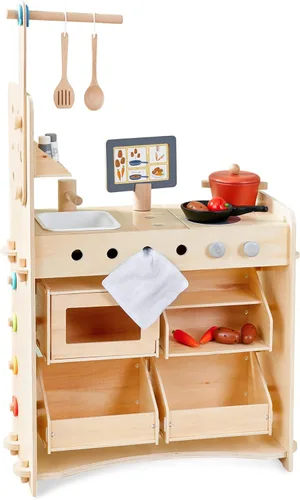 HABA Cocina de madera 3 en 1 para niños, juego de tienda de comestibles para niños y banco de herramientas para niños, juguetes de madera