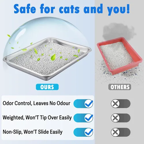 Miniatura 2 de BNOSDM 4 bandejas de arena de acero inoxidable para gatos de entrada baja, bandeja de arena de metal poco profunda, caja antiadherente para gatos