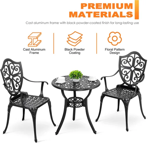 Miniatura 7 de NUU GARDEN Juego de 3 piezas de bistró para exteriores, mesa redonda de aluminio fundido de 24 pulgadas con agujero para paraguas de 2.17 pulgadas