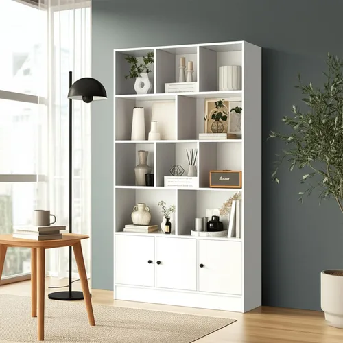 Anystyle Estantería blanca de 5 niveles, armario de almacenamiento de 13 cubos con 3 puertas, estantería independiente para sala de estar y oficina