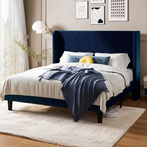 Miniatura 14 de Allewie - Base de cama tamaño Queen con cabecera tapizada de ala de respaldo, plataforma de cama de terciopelo corduroy acolchado con diseño Negro
