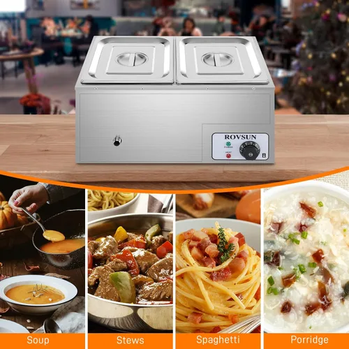 Miniatura 2 de ROVSUN Calentador eléctrico comercial de 21 cuartos de galón, 2 bandejas, 110 V, acero inoxidable Bain Marie, mesa de vapor de 10.6 cuartos de galón