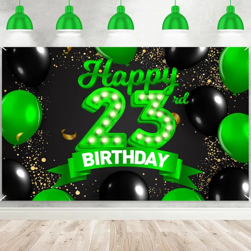 Miniatura 56 de Cartel de feliz cumpleaños 26 verde y negro, telón de fondo con texto en inglés "Cheers to 26 years old confeti", globos de confeti, decoración
