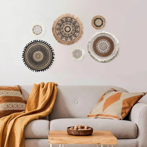 Miniatura 4 de LELE LIFE Juego de 6 decoraciones de pared de yute bohemio, macramé redondo y plano para colgar en la pared, arte de pared de mandala