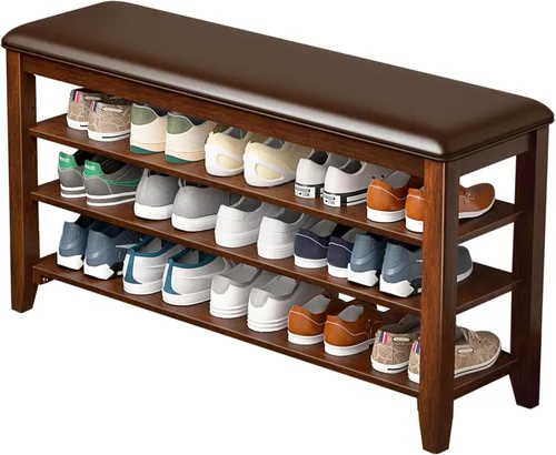 Miniatura 16 de Taitiy Zapatero con parte superior plana de madera de caucho y 3 estantes ajustables, zapatero de madera para entrada, pasillo, vestíbulo, puerta
