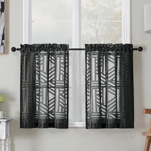 Miniatura 97 de Simplebrand Cortinas traslúcidas negras de cocina de 24 pulgadas de largo, 2 paneles, filtrado de luz, geométrico jacquard con textura, cortinas