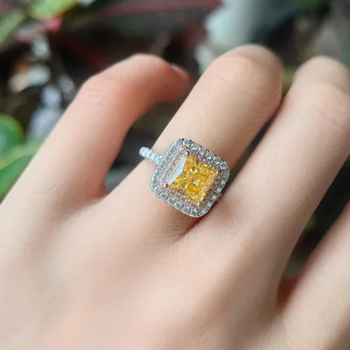 Miniatura 5 de DovEggs Anillo de compromiso de plata de ley PT950 con estampado de diamantes de imitación para mujer, 2 quilates, 0.276 x 0.276 in, amarillo