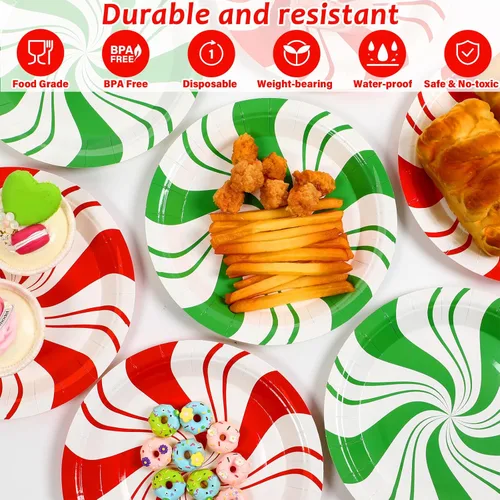 Miniatura 6 de 80 piezas de platos de papel de Navidad de menta de 7 pulgadas, platos desechables de postre de Navidad, dulce de menta, feliz año nuevo