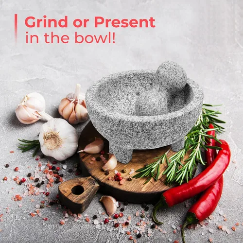 Miniatura 4 de Alpine Cuisine Juego de molcajete de mortero y mortero de granito de 8 pulgadas, granito sin pulir, tazón de molinillo de especias para salsa