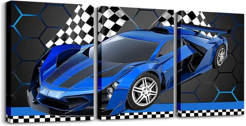 Miniatura 30 de Feelyou Cuadro azul de carreras para pared, 12 x 16 pulgadas, 3 piezas de autos deportivos de velocidad, lienzo para decoración de pared, diseño