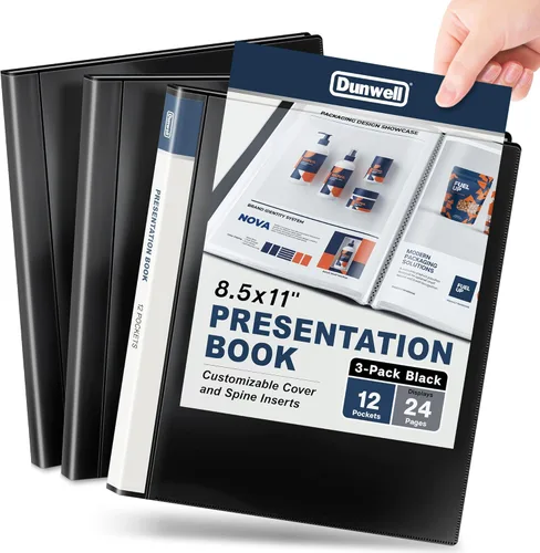 Dunwell – Carpeta con fundas de plástico, 12 bolsillos encuadernados con fundas transparentes, muestra 24 páginas de 8.5 x 11 pulgadas (21.59 x Negro