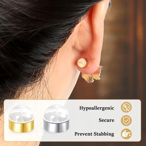 Miniatura 3 de Respaldos de aretes de silicona de oro de 18K para tachuelas/orejas caídas, respaldos de aretes de goma con cierre seguro para aretes pesados, En