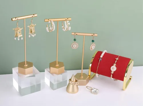 Miniatura 5 de GemeShou 3 piezas de metal dorado soporte en T para exhibición, organizador de aretes de barra en T, exhibición de fotografía de joyería