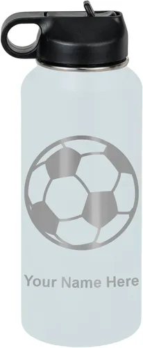 Miniatura 15 de LaserGram Botella de agua personalizada, pelota de fútbol, acero inoxidable de doble pared aislada al vacío con popote superior, regalo grabado