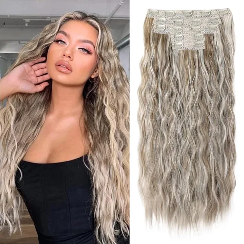 Miniatura 25 de REECHO Extensiones de cabello con clip, 5 piezas, de 24 pulgadas, de color rubio ceniza, extensiones de cabello con ondas largas y sueltas, HE002