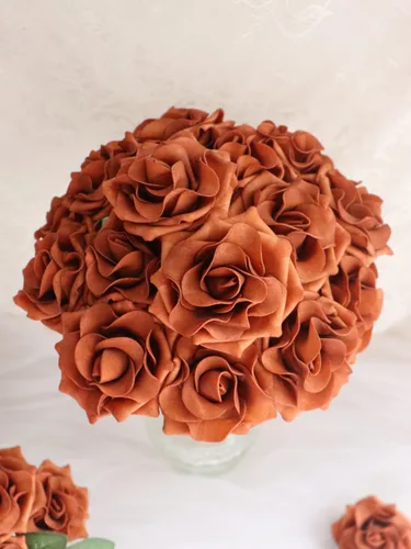 Miniatura 3 de D-Seven Flores artificiales de 2.5 pulgadas, color naranja quemado, 25 rosas falsas con tallo para ramos de boda, arreglos florales, despedidas