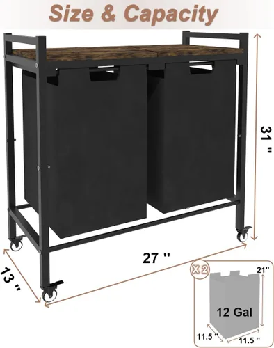 Miniatura 7 de Cesta de ropa grande de 12 x 2 galones con ruedas, 2 bolsas clasificadoras extraíbles y removibles, organizador de cesta de ropa independiente